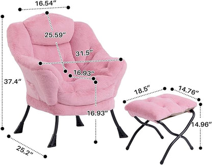 HollyHOME Fabric Lazy Chair with Foldable Ottoman, Accent Comfy Lounge Arm Chair and Folding Footrest Stool Set, Leisure Sofa Reading Chair and Footstool for Living Room, Bedroom, Dorm, Pink