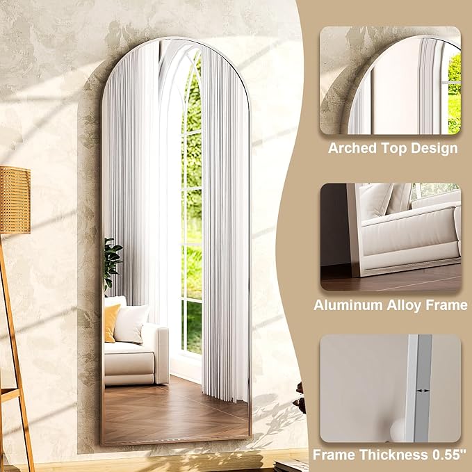 HARRITPURE 64"x21" Arched Full Length Mirror Free Standing Floor Mirrors Leaning Hanging Mounted Mirror Aluminum Frame Modern Home Decor for Living Room Bedroom Cloakroom,Silver