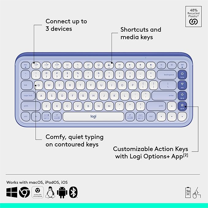 Logitech POP ICON Keys Wireless Bluetooth Keyboard, Comfortable Typing, Programmable Keys, Easy-Switch Between up to 3 Devices, for Laptop, Tablet, PC – Lilac and Off-White