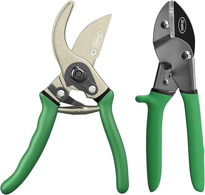 Scotts 2-Piece Pruning Shears Set – Includes 8 in. Bypass Pruner for Live Plants and 8 in. Anvil Pruner for Dry Stems – Sharp Carbon Steel Blades and Comfort Grip Handles for Garden and Yard Use