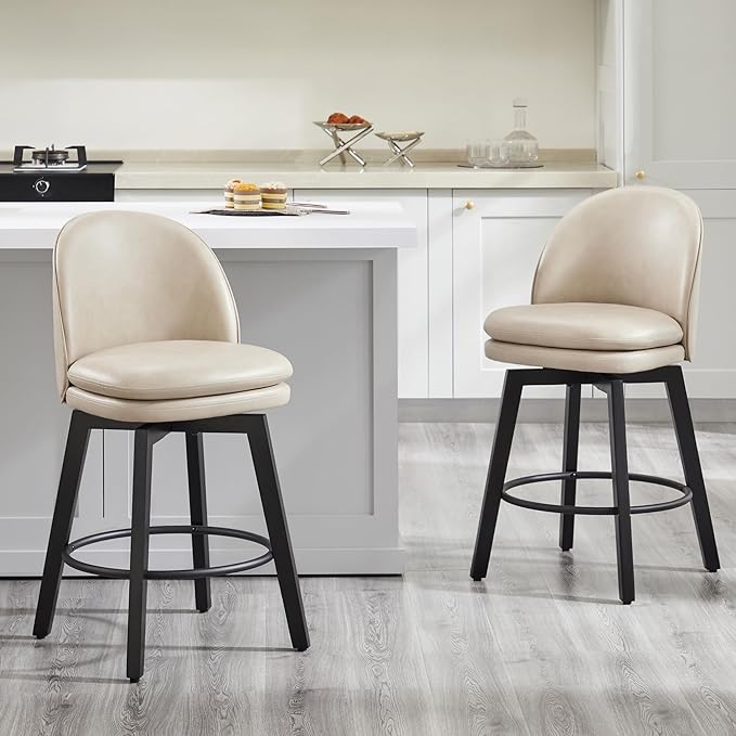 Counter Height Barstools 26 inch Upholstered Swivel Bar Stools with Back and Wood Legs for Kitchen Island,Set of 2,Beige PU Leather-Armless