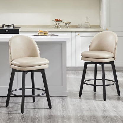 Counter Height Barstools 26 inch Upholstered Swivel Bar Stools with Back and Wood Legs for Kitchen Island,Set of 2,Beige PU Leather-Armless
