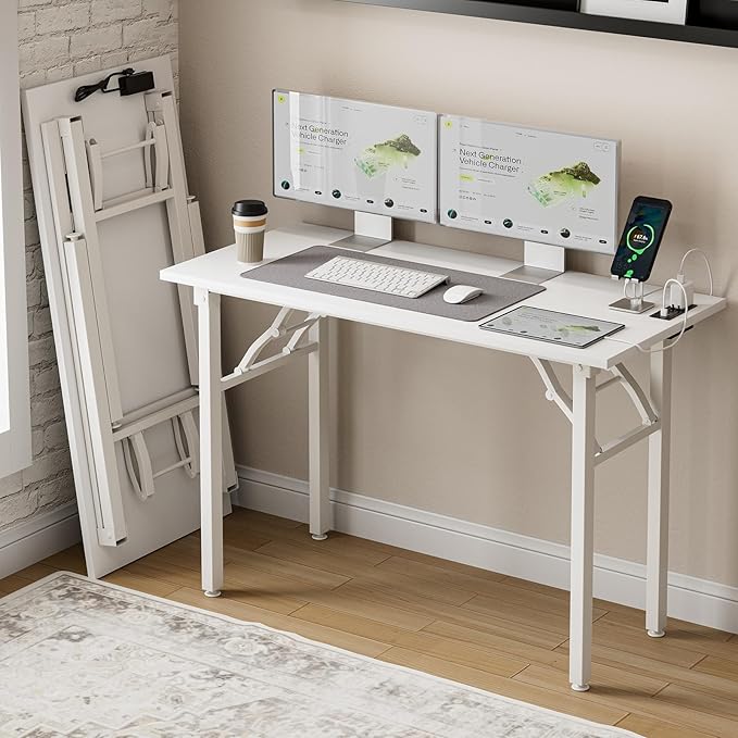 Frylr Small Folding Computer Desk – 43.3 Inch Portable Table for Craft and Study, Lightweight Desk for Small Spaces, Foldable Laptop Table Built-in AC/USB Outlets for Convenience, White Ash