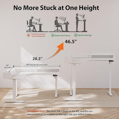 Agilestic L Shaped Standing Desk, Adjustable Height Corner Gaming Desk with Shelf, Sit Stand Up Desk, 63 x 55 Inch Home Office Computer Table, White