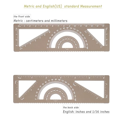 4-in-1 Geometry Set, Metal Math Ruler Kit- Aluminium Protractor, 2 Precision Triangles, Straight Edge Rule - Multifunctional Drafting& Measuring Small Ruler for Kids School - 6 in, Gold