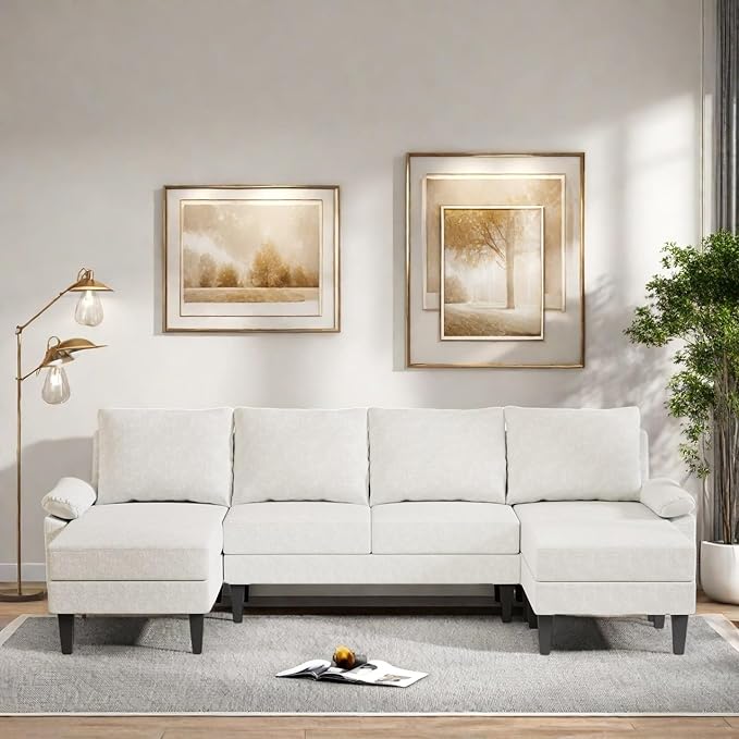 115 Inch U Shaped Sectional Couch with Chaise, 5-Seat Sofa with Moveable Ottoman, Modern Modular Sofa for Living Room, Apartment, Off-White