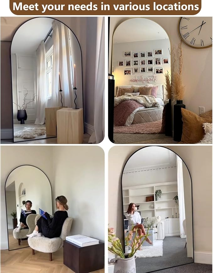 71"x30" Arched Full Length Mirror - Extra Large Floor & Wall Mounted with Stand, Shatterproof Glass, Aluminum Frame for Bedroom, Living Room, Entryway (Black)