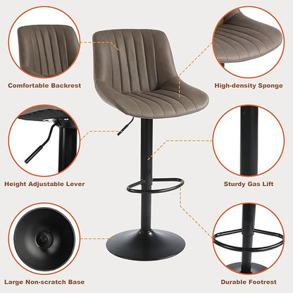 Bar Stools Set of 2, Swivel Counter Height Barstools with Back, Adjustable Faux PU Leather Bar Chairs, Modern Armless Kitchen Island Stool, Brown