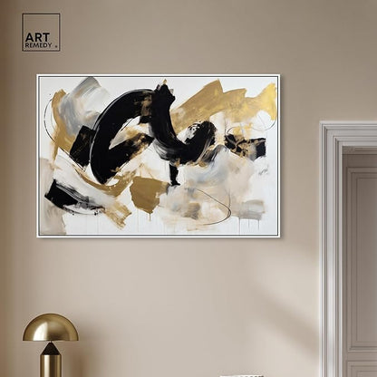 Art Remedy Moved Abstraction Canvas Modern Black White Abstract Wall Art, White Frame, 45" x 30"