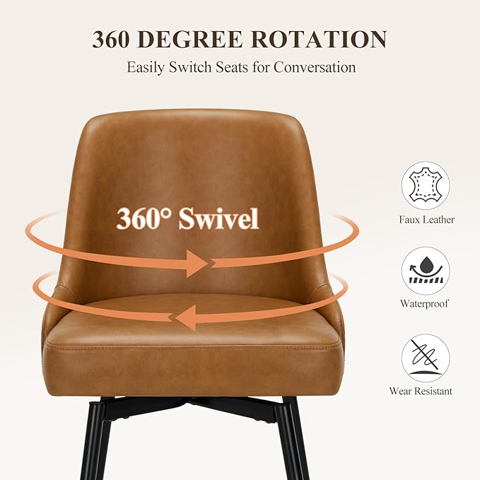 COLAMY Bar Stools Set of 4, 26.18" Counter Height Swivel Stools with Thick Padded Seat, Adjustable Footrest & 360° Rotation, Premium PU Leather Upholstery for Kitchen Island/Home Bar/Cafe, Brown