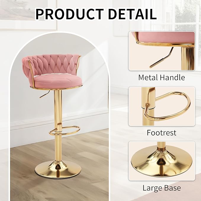 VECELO Bar Stools Set of 4, Adjustable Counter Height Barstools with Back & Arm Rest, Velvet Woven Kitchen Island Stools with Gold Metal Leg & Base, 360 Swivel, Pink