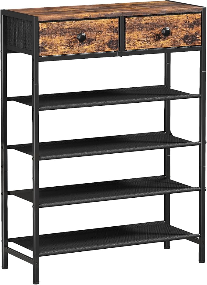 Shoe Rack, 5 Tier Shoe Organizer with 2 Drawers, Metal Shoe Storage for 16-20 Pairs of Shoes with Fabric Shelves and Wooden Top, Narrow Shoe Shelf for Closet Entryway Rustic Brown