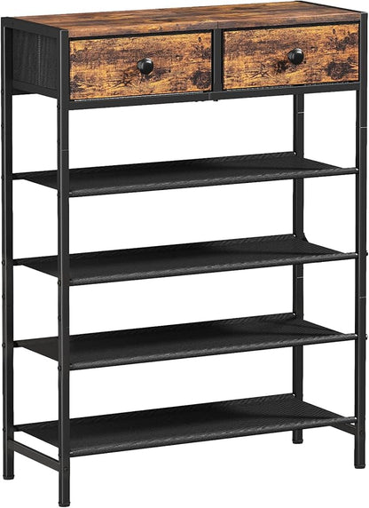 Shoe Rack, 5 Tier Shoe Organizer with 2 Drawers, Metal Shoe Storage for 16-20 Pairs of Shoes with Fabric Shelves and Wooden Top, Narrow Shoe Shelf for Closet Entryway Rustic Brown