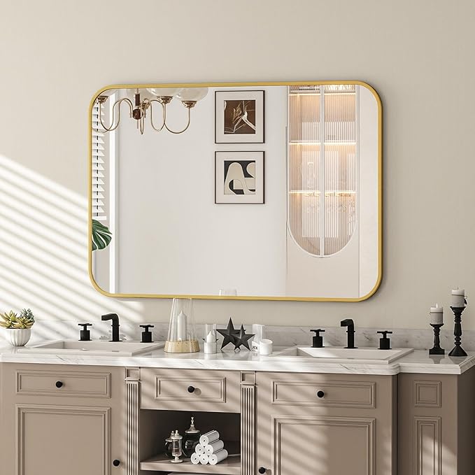 26×38 Inch Bathroom Mirror - Wall Mounted Vanity Mirror with Round Corner Aluminum Alloy Frame, Hanging Horizontally Vertically for Living Room, Bedroom, Hallway as Home Decor, Gold
