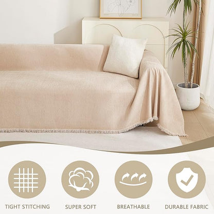 MYSKY HOME Khaki Sectional Sofa Covers Chenille Couch Cover for Dogs Solid Sofa Cover for 3 Cushion Couch Washable Couch Covers with Tassel Edge L Shape Sofa Throw Large Sofa Slipcover, 91" X134"