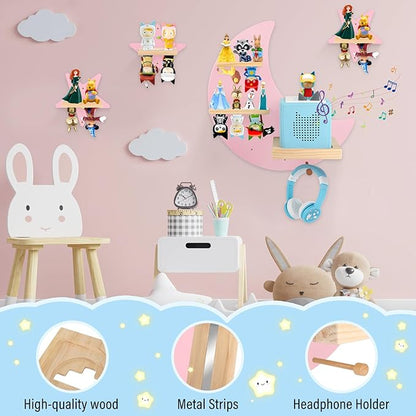 Moon + Stars for Toniebox 1/2 Tonies Figures Organizer Storage Shelf Wall Mounted, Magnetic Floating Shelves for Toniebox Player, Characters, Earphones, Display Collection 20~30 Characters (Pink)
