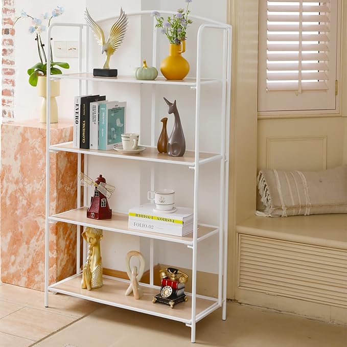 Crofy No Assembly Folding Bookshelf for Living Room, 4 Tier White Collapsible Book Shelf for Home Office, Portable Bookcase Storage Organizer