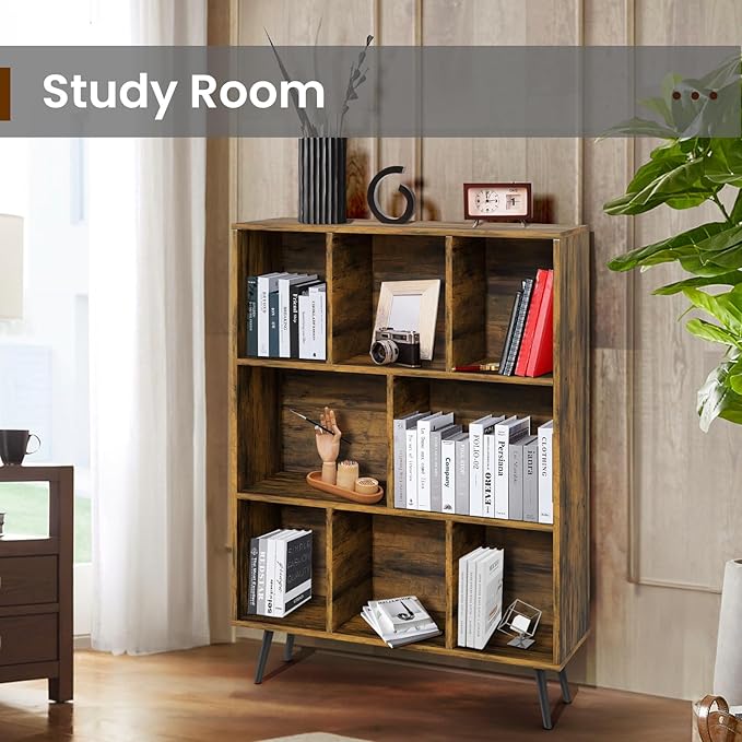 Bookshelf, 3-Tier 8 Cube Open Wooden Book Shelf with Legs, Floor Standing Office Bookcase, Wooden Bookcase for Office Furniture, Cubby Storage Organizer for Living Room/Bedroom