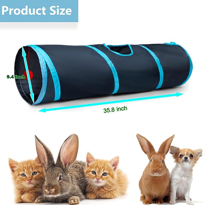 Cat Tunnel Tube Toys，Tunnels for Indoor Cats, 2 Way Blue Collapsible Interactive Toy with Balls for Rabbits, Kittens, Ferrets, Puppy