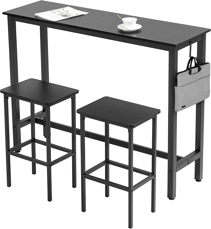 Finnhomy 52.7" Industrial Bar Table Set with 2 Stools - Counter Height Dining & Pub Table for Small Spaces, Kitchen, Apartment, Breakfast Nook - Metal & Wood, Space-Saving Furniture - Rustic Black