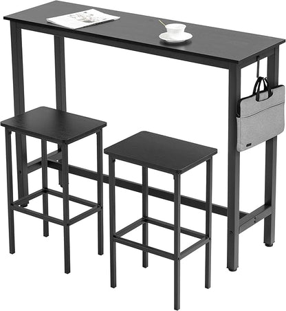 Finnhomy 52.7" Industrial Bar Table Set with 2 Stools - Counter Height Dining & Pub Table for Small Spaces, Kitchen, Apartment, Breakfast Nook - Metal & Wood, Space-Saving Furniture - Rustic Black