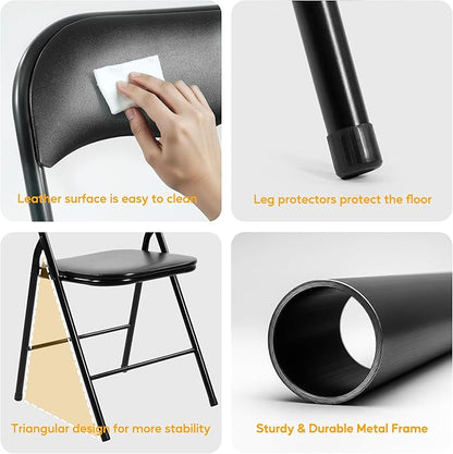 HealSmart 2 Pcs Folding Chairs with Leather Padded Cushion Seats, Back & Sturdy Metal Frame, Stackable, Portable, Commercial Event Seat, Indoor Outdoor for Parties, Home Event, Office, Black