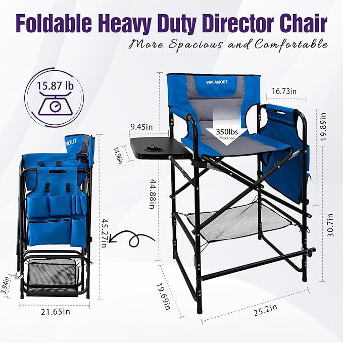 Tall Folding Directors Chair with Side Table 30.71" Seat Height Foldable Camping Chair Bar Stool for Makeup Artist Face Painting with Footrest and Storage Pocket Supports 350LBS