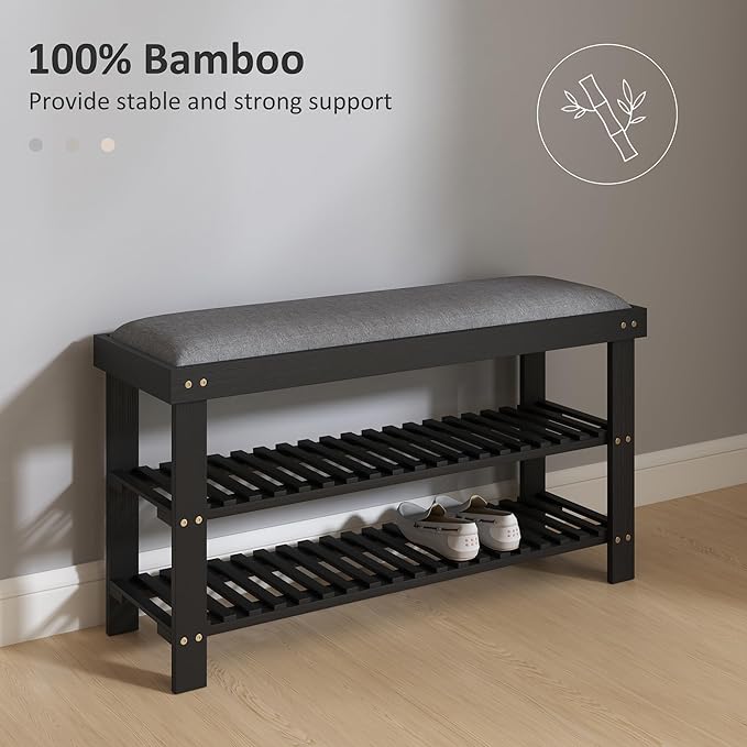 HOMCOM Bamboo Shoe Bench, 3-Tier Entryway Bench with Storage and Cushion, Shoe Organizer for Entryway, Hallway, Holds Up to 331 lbs, 35.4 x 11.4 x 19.3 Inches, Black