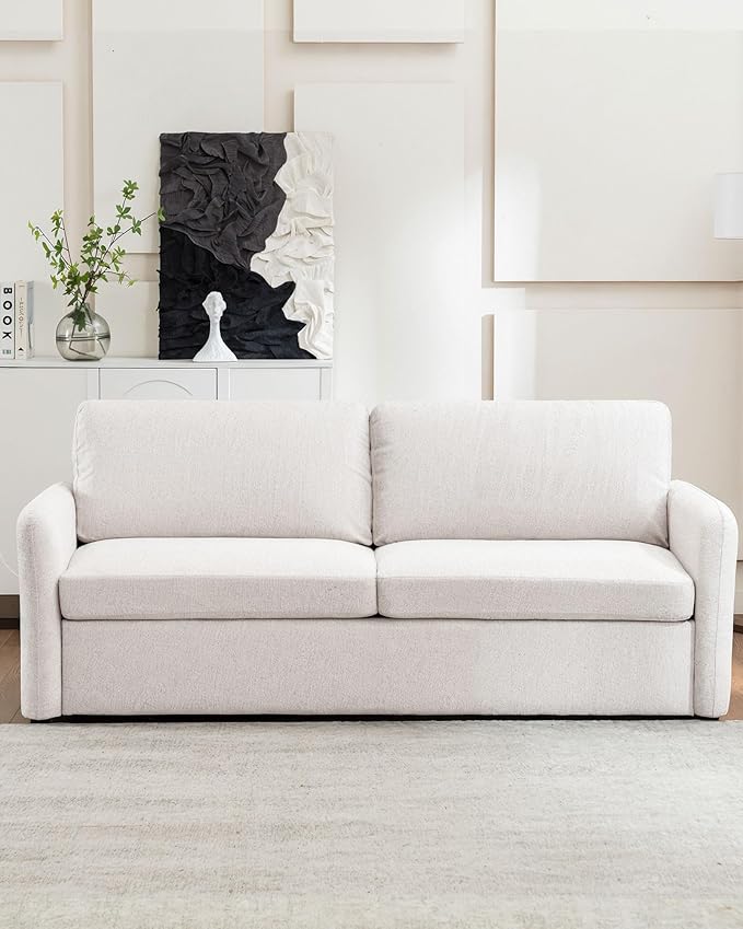 Queen Pull Out Sofa Bed, 2-in-1 Convertible Sleeper Sofa Couch with Memory Foam Mattress, 3-Seater Sofa Bed Queen with Arms for Living Room & Small Spaces, Beige