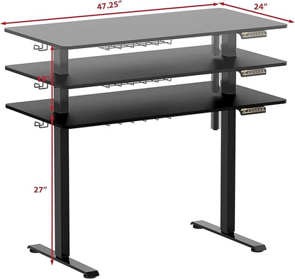 SHW 48-Inch Electric Height Adjustable Sit to Stand Desk with Hanging Hooks and Cable Management, Black Frame and Black Top
