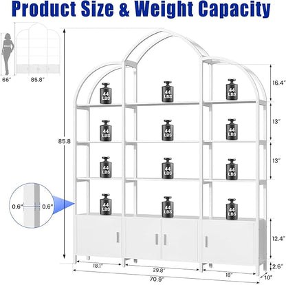 Triple Wide 5 Tier Tall Arched Bookshelf and Bookcase with 3 Cabinets, Industrial Metal Etagere Open Bookshelf, Wood Standing Book Shelf with Black Metal Frame for Bedroom Living Room