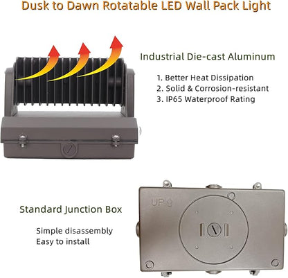 Rotatable LED Wall Pack Light with Dusk to Dawn Photocell, 80W 11200LM 400-600W HPS/HID Equiv., 5000K Daylight ETL Commercial Outdoor Security Lighting for Warehouse, Entrance, Parking, Garage