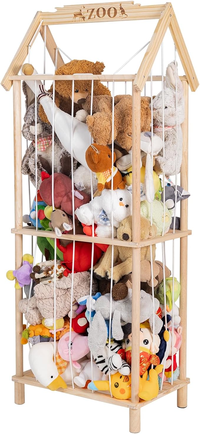 Stuffed Animal Storage, Wooden Stuffed Animal Holder Stuffed Animal Zoo Organizer Cage with Large Capacity, Using for Storing Plushies on Nursery Playroom Bedroom Decor Corner