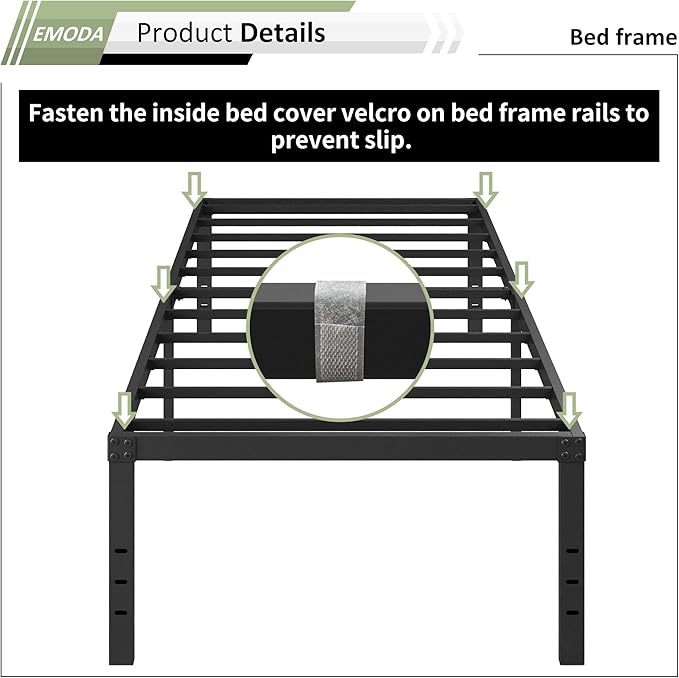 EMODA 18 Inch Twin XL Bed Frames with White Cover, Heavy Duty XL Twin Metal Platform Bed Frame No Box Spring Needed, Noise Free, Easy Assembly