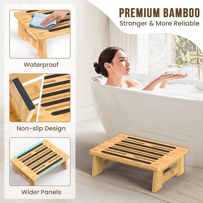 One Step Stool for Adults Seniors and Kids with Non-Slip Surface, Natural Bamboo Stepping Stools for High Bed, Bathroom and Kitchen, Hold Up to 450 LBS, Lightweight, Waterproof, Easy to Install