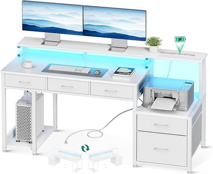 AODK 55 Inch Computer Desk with 3 Drawers and File Cabinet for Storage, Office Desk with Monitor Stand and LED Lights, Home Office Desks, White