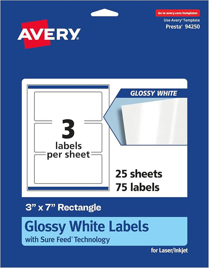 Avery Glossy White Rectangle Labels, Sure Feed Technology, 3" x 7", 75 Glossy White Labels, Print-to-The-Edge, Permanent Adhesive, Laser/Inkjet Printable