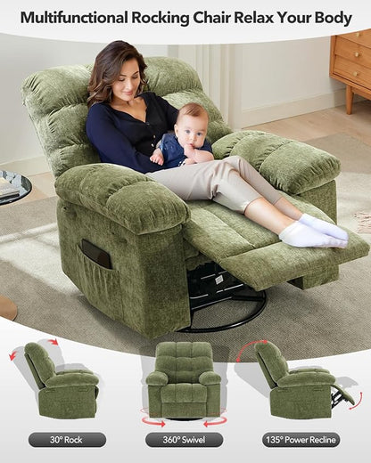 Rocking Recliner Chair,360° Swivel Rocker Chair for Living Room,Upholstered Fabric Glider Nursery Chair with Side Pockets for Small Spaces,Q235 Steel Frame Lazy Boy Recliner Single Sofa(Green)