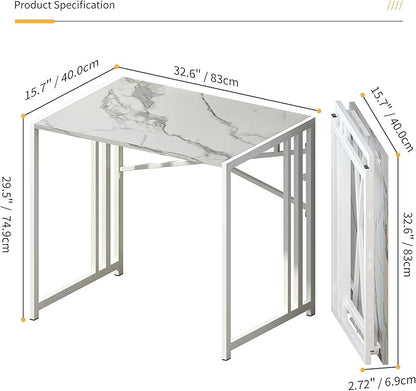 32 inch Folding Small Desk, Writing Gaming Computer Camping Desk for Small Spaces, No Assembly Required Home Office Desk, White Marble