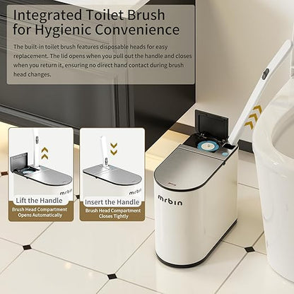 MRBIN Motion Sensor Bathroom Trash Can and Disposable Toilet Brush Holder Set, 1.8 Gallon Slim Touchless Small Garbage Pail, Toilet Smart Waste Basket with Lid and Odor Filter, Cream White