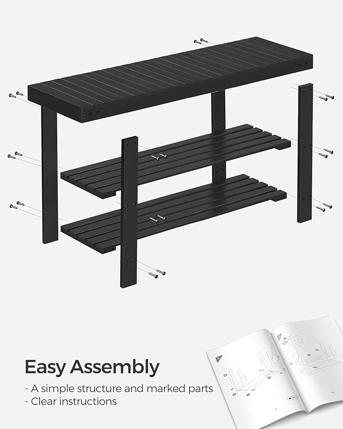 SONGMICS Shoe Rack Bench, 3-Tier Bamboo Shoe Storage Organizer, Entryway Bench, Holds Up to 286 lb, 11.3 x 35.4 x 17.8 Inches, for Entryway Bathroom Bedroom, Ink Black ULBS90B33