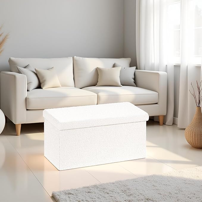 30.1" Storage Ottoman Bench - Foldable Foot Rest Stool Bedroom Bench for Living Room, Entryway-White