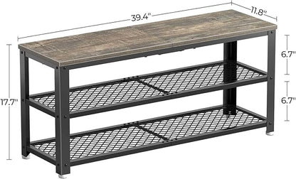 Rolanstar Shoe Bench, 3-Tier Shoe Rack, 39.4” Storage Entry Bench with Mesh Shelves Wood Seat, Rustic Foyer Bench for Hallway Front Door, Doorway, Living Room, Mudroom, Steel Frame, Gray