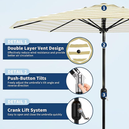 Garvee 10 ft Outdoor Patio Umbrella 8 Sturdy Ribs Outdoor Table Umbrella with Crank Lift & Push Button Tilt UV Protection Waterproof Market Umbrellas for Pool Deck Yard Garden Tan & White Stripes
