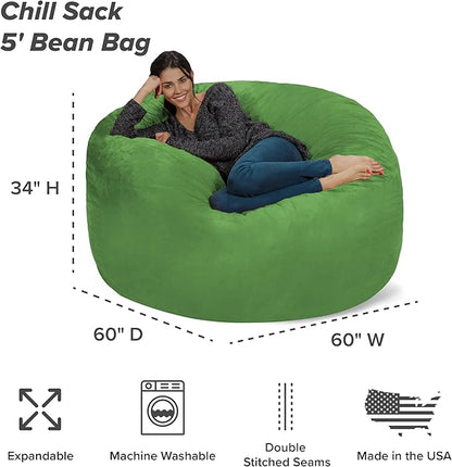 Chill Sack Bean Bag Chair - 5' Giant Memory Foam Lounge Chair with Soft Microfiber Cover – Cozy Furniture for Living Room, Dorm, & Kids' Rooms – Comfortable 5 Ft, Microsuede Lounge Sofa, Lime