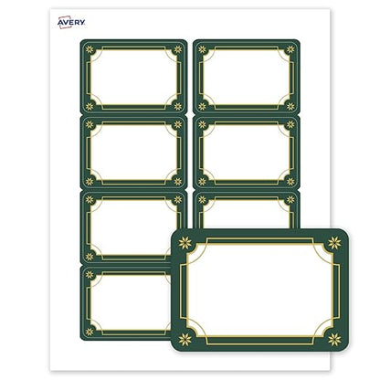 Avery Printable Christmas Adhesive Name Badges, Rectangle, 2-1/3" x 3-3/8", Pre-Printed Green & Metallic Gold Border Design, Matte White, Laser & Inkjet Compatible, 80 Total