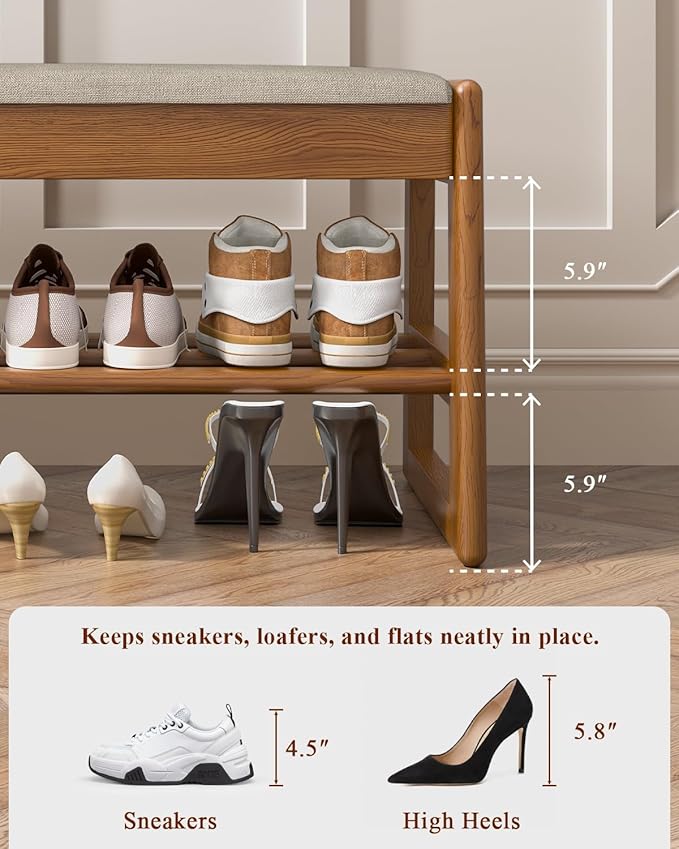 Shoe Rack Bench with Cotton-Linen Cushion 2-Tier Wooden Storage Bench 550lbs Compact Simple & Modern Design for Entryway, Hallway, Bedroom, Living Room, Closet, Front Door Entrance, Foyer