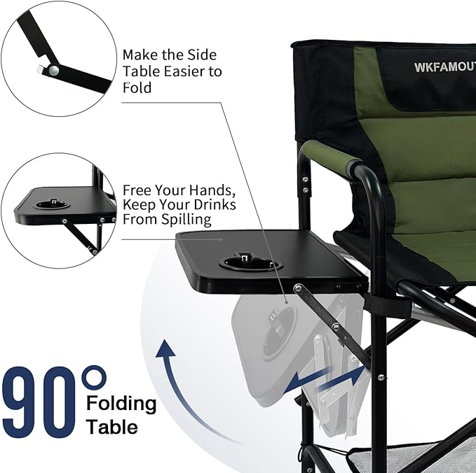 Tall Folding Directors Chair with Side Table 26.77" Seat Height Foldable Camping Chair Bar Stool for Makeup Artist Face Painting with Footrest and Storage Pocket Supports 350LBS