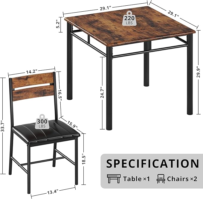 IRONCK Dining Table Set for 2, Small Kitchen Table with Upholstered Chairs Dinning Table Set for Kitchen & Dining Room, Compact Dining Set for Small Spaces, Rustic Brown
