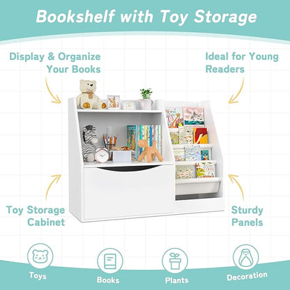 TOETOL 2 Tier Kids Bookshelf and Book Storage，4 Sling Toddler Bookshelf, Storage Boxes Book Shelf & Organizer for Nursery Playroom Classroom Library Bedroom White
